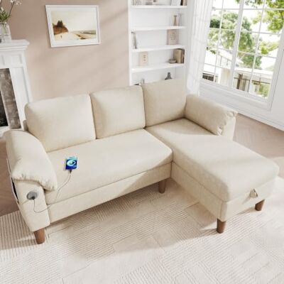 Merax Canapé d'angle en forme de L, petit canapé 3 places avec méridienne de rangement, montage à gauche ou à droite, canapé en tissu chenille avec USB de type C, poche latérale, coussin d'accoudoir - Publicité Merax Canapé d'angle en forme de L, petit canapé 3 places avec méridienne de rangement, montage à gauche ou à droite, canapé en tissu chenille avec USB de type C, poche latérale, coussin d'accoudoir - Publicité