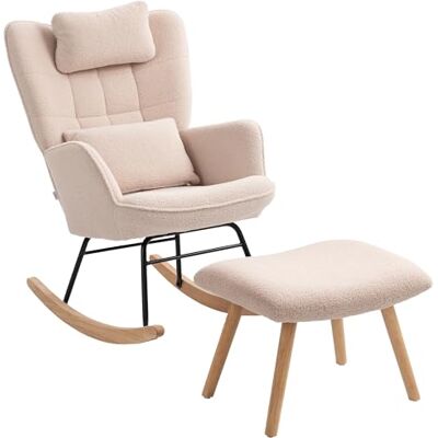 HOMCOM Fauteuil à bascule avec tabouret, rembourré, coussin lombaire, appuie-tête, fauteuil de relaxation avec housse en polaire, dossier haut, fauteuil oscillant pour salon, beige - Publicité HOMCOM Fauteuil à bascule avec tabouret, rembourré, coussin lombaire, appuie-tête, fauteuil de relaxation avec housse en polaire, dossier haut, fauteuil oscillant pour salon, beige - Publicité