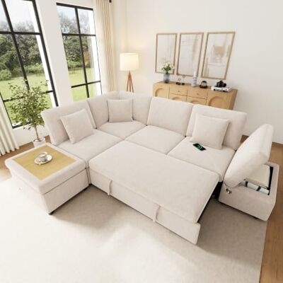Merax Canapé d'angle avec fonction sommeil, canapé-lit en forme de L extensible avec espace de rangement, USB de type C, tabouret de rangement avec étagère, interchangeable gauche/droite, canapé - Publicité Merax Canapé d'angle avec fonction sommeil, canapé-lit en forme de L extensible avec espace de rangement, USB de type C, tabouret de rangement avec étagère, interchangeable gauche/droite, canapé - Publicité