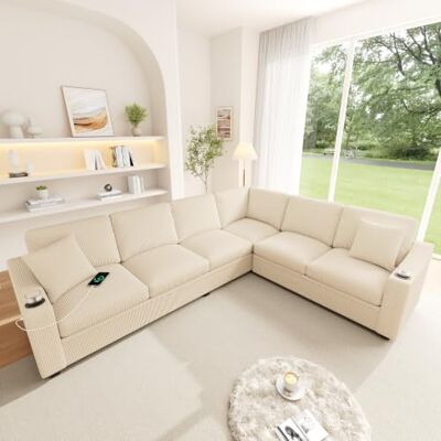Merax Canapé d'angle en forme de L, canapé modulaire 6 places avec méridienne, canapé en corduroy avec 18W USB/connexion rapide de type C, 2 porte-gobelets et 2 coussins, pour salon, Beige - Publicité Merax Canapé d'angle en forme de L, canapé modulaire 6 places avec méridienne, canapé en corduroy avec 18W USB/connexion rapide de type C, 2 porte-gobelets et 2 coussins, pour salon, Beige - Publicité