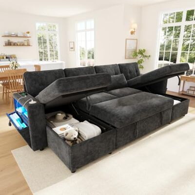 Merax Canapé d'angle avec fonction couchage et coffre de lit, canapé lit extensible en forme de U, canapé-lit avec éclairage LED, USB/Type-C et accoudoirs, double méridienne, canapé chenille, gris - Publicité Merax Canapé d'angle avec fonction couchage et coffre de lit, canapé lit extensible en forme de U, canapé-lit avec éclairage LED, USB/Type-C et accoudoirs, double méridienne, canapé chenille, gris - Publicité