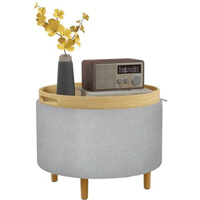 HOMCOM Pouf ottoman avec espace de rangement Rond Avec couvercle rabattable Pieds en bois Moderne Pour salon, chambre à coucher Diamètre : 56 x 42 cm Gris - Publicité HOMCOM Pouf ottoman avec espace de rangement Rond Avec couvercle rabattable Pieds en bois Moderne Pour salon, chambre à coucher Diamètre : 56 x 42 cm Gris - Publicité