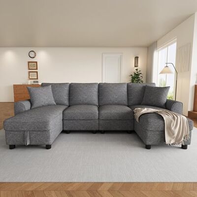 Merax Canapé en forme de U avec espace de rangement, paysage résidentiel en chenille, grand canapé d'angle avec 2 méridiennes et 2 coussins, canapé modulaire rembourré pour salon, canapé en forme de U - Publicité Merax Canapé en forme de U avec espace de rangement, paysage résidentiel en chenille, grand canapé d'angle avec 2 méridiennes et 2 coussins, canapé modulaire rembourré pour salon, canapé en forme de U - Publicité