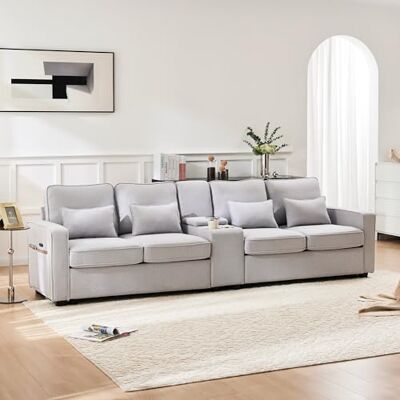 Merax Canapé moderne 4 places avec console, 2 porte-gobelets et 2 ports de charge USB, canapé rembourré avec poches pour accoudoirs et 4 coussins, pour salon, chambre à coucher, chambre d'amis, gris - Publicité Merax Canapé moderne 4 places avec console, 2 porte-gobelets et 2 ports de charge USB, canapé rembourré avec poches pour accoudoirs et 4 coussins, pour salon, chambre à coucher, chambre d'amis, gris - Publicité