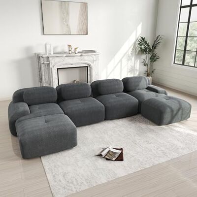 VILUXE Canapé 4 places avec 2 tabourets en velours côtelé gris Canapé modulaire avec tabouret, tissu velours côtelé mousse 32D, salon, chambre à coucher, home cinéma, familles et invités - Publicité VILUXE Canapé 4 places avec 2 tabourets en velours côtelé gris Canapé modulaire avec tabouret, tissu velours côtelé mousse 32D, salon, chambre à coucher, home cinéma, familles et invités - Publicité
