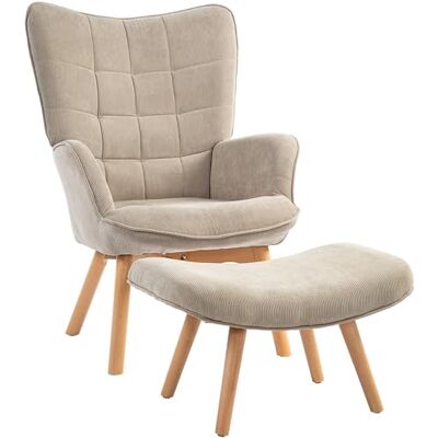 HOMCOM Fauteuil avec pouf, fauteuil à oreilles avec dossier haut, pieds en bois, fauteuil lounge au design tufté, aspect velours côtelé, pour le salon, marron clair - Publicité HOMCOM Fauteuil avec pouf, fauteuil à oreilles avec dossier haut, pieds en bois, fauteuil lounge au design tufté, aspect velours côtelé, pour le salon, marron clair - Publicité