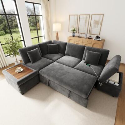 Merax Canapé d'angle avec fonction sommeil, canapé-lit en forme de L extensible avec espace de rangement, USB de type C, tabouret de rangement avec étagère, interchangeable gauche/droite, canapé - Publicité Merax Canapé d'angle avec fonction sommeil, canapé-lit en forme de L extensible avec espace de rangement, USB de type C, tabouret de rangement avec étagère, interchangeable gauche/droite, canapé - Publicité