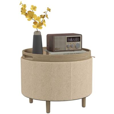 HOMCOM Pouf Rond Repose-Pieds Tabouret avec Coffre de Rangement, Plateau réversible, Meuble 3 en 1, revêtement en Tissu Bouclette, Pied en Bois Massif, Beige - Publicité HOMCOM Pouf Rond Repose-Pieds Tabouret avec Coffre de Rangement, Plateau réversible, Meuble 3 en 1, revêtement en Tissu Bouclette, Pied en Bois Massif, Beige - Publicité