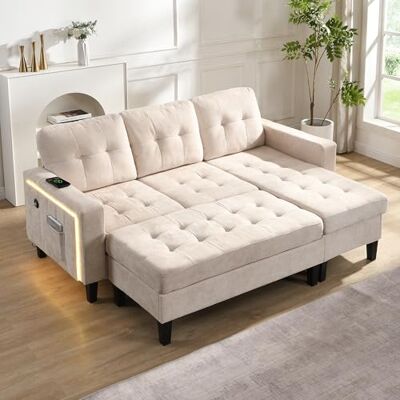 Merax Canapé modulaire en forme de L avec repose-pieds mobile extra large, éclairage d'ambiance LED et USB, canapé en forme de L 3 places avec méridienne, housse en chenille convertible en canapé-lit - Publicité Merax Canapé modulaire en forme de L avec repose-pieds mobile extra large, éclairage d'ambiance LED et USB, canapé en forme de L 3 places avec méridienne, housse en chenille convertible en canapé-lit - Publicité