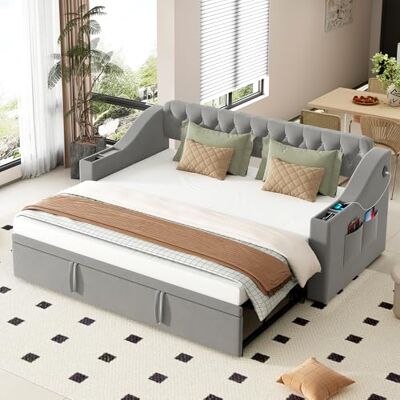 Merax Canapé-lit extensible 90/180 x 190 cm, 2 places convertible, sommier à lattes, port de charge USB, tissu velours gris (sans matelas) - Publicité Merax Canapé-lit extensible 90/180 x 190 cm, 2 places convertible, sommier à lattes, port de charge USB, tissu velours gris (sans matelas) - Publicité