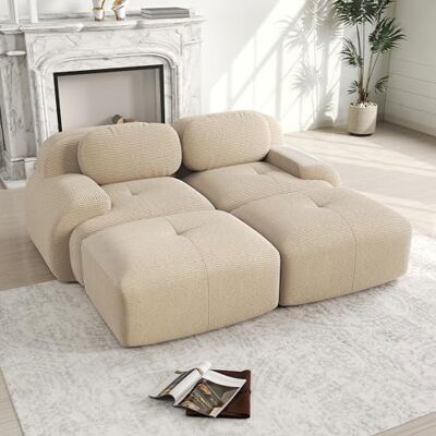 VILUXE Canapé 2 places avec 2 tabourets en velours côtelé beige Canapé modulaire avec tabouret, tissu velours côtelé mousse 32D, salon, chambre à coucher, home cinéma, familles et invités - Publicité VILUXE Canapé 2 places avec 2 tabourets en velours côtelé beige Canapé modulaire avec tabouret, tissu velours côtelé mousse 32D, salon, chambre à coucher, home cinéma, familles et invités - Publicité