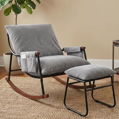 HomeMiYN Fauteuil à Bascule Allaitement avec Repose Pieds, Poche latérale, Accoudoirs et Bases en Bois, Rocking Chair pour Salon, Chambre, Balcon, Chambre Bebe,Nursery, Tissu rayé, Gris Clair - Publicité HomeMiYN Fauteuil à Bascule Allaitement avec Repose Pieds, Poche latérale, Accoudoirs et Bases en Bois, Rocking Chair pour Salon, Chambre, Balcon, Chambre Bebe,Nursery, Tissu rayé, Gris Clair - Publicité