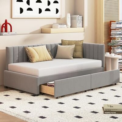 Merax Canapé-lit 90 x 200 cm avec 2 tiroirs, lit de jour multifonctionnel avec sommier à lattes, canapé-lit avec espace de rangement, tissu velours, gris (sans matelas) - Publicité Merax Canapé-lit 90 x 200 cm avec 2 tiroirs, lit de jour multifonctionnel avec sommier à lattes, canapé-lit avec espace de rangement, tissu velours, gris (sans matelas) - Publicité