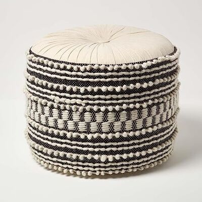 HOMESCAPES Pouf bohème Priya Noir et Blanc, Pouf berbère en Coton et Laine, Pouf Rond macramé - Publicité HOMESCAPES Pouf bohème Priya Noir et Blanc, Pouf berbère en Coton et Laine, Pouf Rond macramé - Publicité