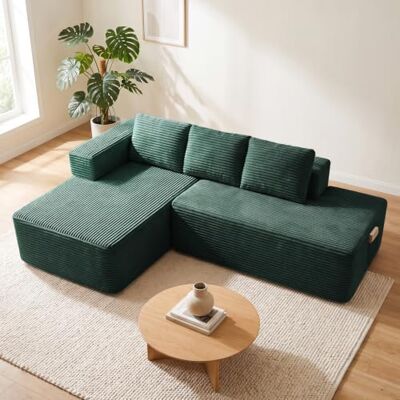 COMHOMA Canapé d'angle modulable, 228 cm en Velours côtelé, canapé Boneless sans Armature avec chaiselongue et Support de Dossier, Design en L Ouvert, Coussins et Poches latérales, pour Salon, Vert - Publicité COMHOMA Canapé d'angle modulable, 228 cm en Velours côtelé, canapé Boneless sans Armature avec chaiselongue et Support de Dossier, Design en L Ouvert, Coussins et Poches latérales, pour Salon, Vert - Publicité
