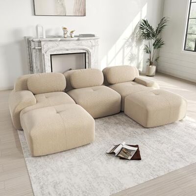 VILUXE Canapé 3 places avec 2 tabourets en velours côtelé beige Canapé modulaire avec tabouret, tissu velours côtelé mousse 32D, salon, chambre à coucher, home cinéma, familles et invités - Publicité VILUXE Canapé 3 places avec 2 tabourets en velours côtelé beige Canapé modulaire avec tabouret, tissu velours côtelé mousse 32D, salon, chambre à coucher, home cinéma, familles et invités - Publicité