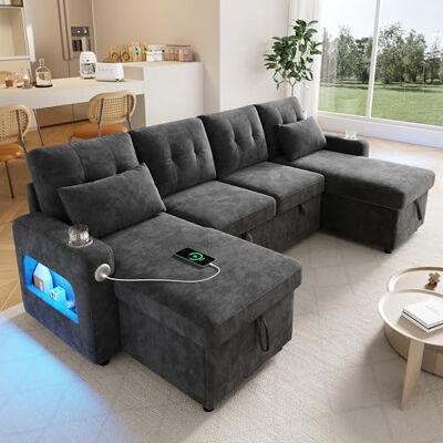 Merax Canapé d'angle avec fonction couchage et tiroir de lit, convertible, en forme de U, pratique, avec espace de rangement, éclairage LED, compartiments de rangement pour accoudoirs, USB/type C et - Publicité Merax Canapé d'angle avec fonction couchage et tiroir de lit, convertible, en forme de U, pratique, avec espace de rangement, éclairage LED, compartiments de rangement pour accoudoirs, USB/type C et - Publicité