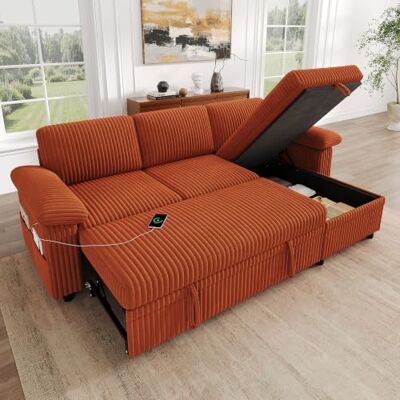 Merax Canapé d'angle avec fonction couchage et coffre de lit, canapé convertible 4 en 1 en forme de L en velours côtelé avec espace de rangement et dossier réglable, chaise longue interchangeable, USB - Publicité Merax Canapé d'angle avec fonction couchage et coffre de lit, canapé convertible 4 en 1 en forme de L en velours côtelé avec espace de rangement et dossier réglable, chaise longue interchangeable, USB - Publicité