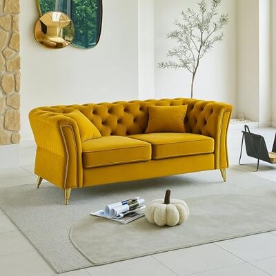Dmora Canapé Fixe 2 Places Acre, Divan Droit, Canapé du Salon, Fauteuil Double, 162x83 h76 cm, Ocre et Or - Publicité Dmora Canapé Fixe 2 Places Acre, Divan Droit, Canapé du Salon, Fauteuil Double, 162x83 h76 cm, Ocre et Or - Publicité