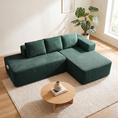 COMHOMA Canapé d'angle modulable, 228 cm en Velours côtelé, canapé Boneless sans Armature avec chaiselongue et Support de Dossier, Design en L Ouvert, Coussins et Poches latérales, pour Salon, Vert - Publicité COMHOMA Canapé d'angle modulable, 228 cm en Velours côtelé, canapé Boneless sans Armature avec chaiselongue et Support de Dossier, Design en L Ouvert, Coussins et Poches latérales, pour Salon, Vert - Publicité