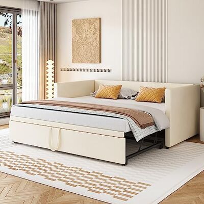 Merax Canapé-lit 2 places, extensible, pliant, avec sommier à lattes, fonction de couchage, tissu velours, 90/180 x 200 cm, beige (sans matelas) - Publicité Merax Canapé-lit 2 places, extensible, pliant, avec sommier à lattes, fonction de couchage, tissu velours, 90/180 x 200 cm, beige (sans matelas) - Publicité