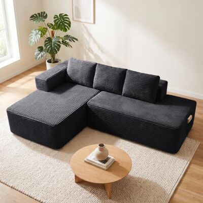 COMHOMA Canapé d'angle modulable, 228 cm en Velours côtelé, canapé Boneless sans Armature avec chaiselongue et Support de Dossier, Design en L Ouvert, Coussins et Poches latérales, pour Salon, Noir - Publicité COMHOMA Canapé d'angle modulable, 228 cm en Velours côtelé, canapé Boneless sans Armature avec chaiselongue et Support de Dossier, Design en L Ouvert, Coussins et Poches latérales, pour Salon, Noir - Publicité