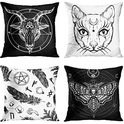 ZHILING Lot de 4 housses de coussin, 40 x 40 cm, décoratives, pour lit, canapé, extérieur, style gothique, motif Capricorne, chat, mitte à plumes, noir et blanc - Publicité ZHILING Lot de 4 housses de coussin, 40 x 40 cm, décoratives, pour lit, canapé, extérieur, style gothique, motif Capricorne, chat, mitte à plumes, noir et blanc - Publicité