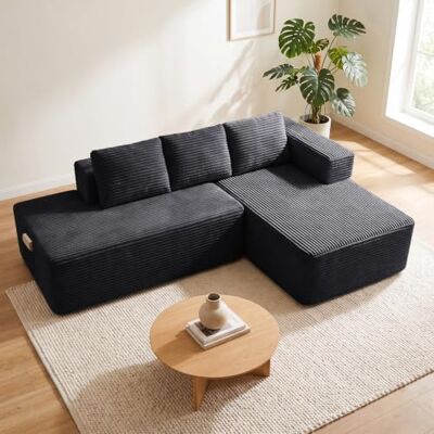 COMHOMA Canapé d'angle modulable, 228 cm en Velours côtelé, canapé Boneless sans Armature avec chaiselongue et Support de Dossier, Design en L Ouvert, Coussins et Poches latérales, pour Salon, Noir - Publicité COMHOMA Canapé d'angle modulable, 228 cm en Velours côtelé, canapé Boneless sans Armature avec chaiselongue et Support de Dossier, Design en L Ouvert, Coussins et Poches latérales, pour Salon, Noir - Publicité