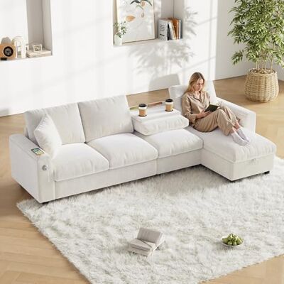 Merax Canapé d'angle multifonction 4 places, avec espace de rangement et fonction sommeil, table basse pliable, porte-gobelet, compartiments de rangement pour accoudoirs, USB + type C, tissu chenille - Publicité Merax Canapé d'angle multifonction 4 places, avec espace de rangement et fonction sommeil, table basse pliable, porte-gobelet, compartiments de rangement pour accoudoirs, USB + type C, tissu chenille - Publicité