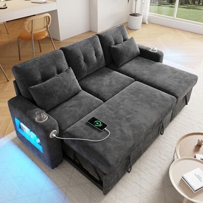 Merax Canapé d'angle avec fonction couchage et coffre de lit, canapé-lit pratique avec espace de rangement, éclairage LED, USB/type C et 2 porte-gobelets, canapé-lit extensible en forme de L, tissu - Publicité Merax Canapé d'angle avec fonction couchage et coffre de lit, canapé-lit pratique avec espace de rangement, éclairage LED, USB/type C et 2 porte-gobelets, canapé-lit extensible en forme de L, tissu - Publicité