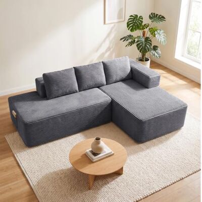 COMHOMA Canapé d'angle modulable, 228 cm en Velours côtelé, canapé Boneless sans Armature avec chaiselongue et Support de Dossier, Design en L Ouvert, Coussins et Poches latérales, pour Salon, Gris - Publicité COMHOMA Canapé d'angle modulable, 228 cm en Velours côtelé, canapé Boneless sans Armature avec chaiselongue et Support de Dossier, Design en L Ouvert, Coussins et Poches latérales, pour Salon, Gris - Publicité