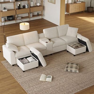 Merax Canapé en U panoramique modulable en Velours côtelé avec poufs Coffre Beige Canapé salon familial avec table intégrée, rangements, ports USB-C et prises - Publicité Merax Canapé en U panoramique modulable en Velours côtelé avec poufs Coffre Beige Canapé salon familial avec table intégrée, rangements, ports USB-C et prises - Publicité