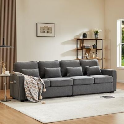 Merax Canapé 4 places en lin Grand canapé avec rembourrage confortable Pour salon, chambre à coucher, chambre d'amis, avec poches pour accoudoirs et 4 coussins Gris foncé - Publicité Merax Canapé 4 places en lin Grand canapé avec rembourrage confortable Pour salon, chambre à coucher, chambre d'amis, avec poches pour accoudoirs et 4 coussins Gris foncé - Publicité