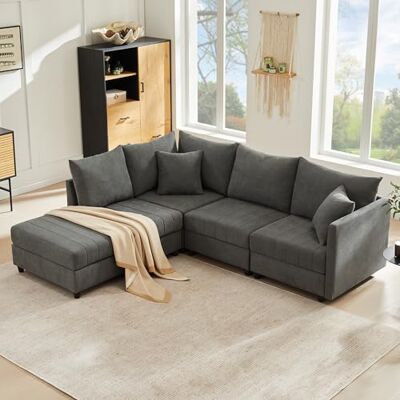Merax Canapé d'angle, modulaire, 5 Places, avec Repose-Pieds Multifonctionnel, en Forme de L et U, Combinaison de Coton et Lin, Design Moderne à Rayures Verticales, Confort Premium, Gris - Publicité Merax Canapé d'angle, modulaire, 5 Places, avec Repose-Pieds Multifonctionnel, en Forme de L et U, Combinaison de Coton et Lin, Design Moderne à Rayures Verticales, Confort Premium, Gris - Publicité