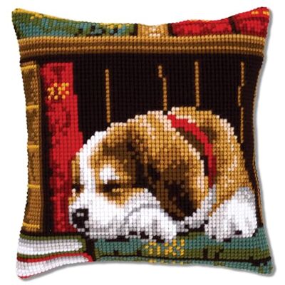 Vervaco Kit de coussin au point de croix, chien dormant - Publicité Vervaco Kit de coussin au point de croix, chien dormant - Publicité