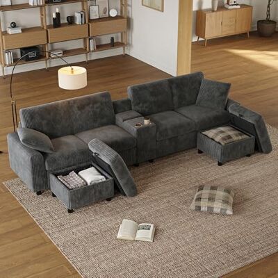 Merax Canapé en U panoramique modulable en Velours côtelé avec poufs Coffre Gris Canapé salon familial avec table intégrée, rangements, ports USB-C et prises - Publicité Merax Canapé en U panoramique modulable en Velours côtelé avec poufs Coffre Gris Canapé salon familial avec table intégrée, rangements, ports USB-C et prises - Publicité