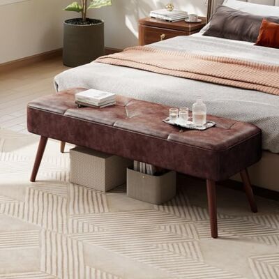 Ckaff Banc Bout de Lit Banquette, Banc d' Entrée Capitonnée Assise Rembourré en Cuir PU 113.5x36.5x43cm avec Pieds en Bois pour Entrée Salon Chambre à Coucher, Marron foncé - Publicité Ckaff Banc Bout de Lit Banquette, Banc d' Entrée Capitonnée Assise Rembourré en Cuir PU 113.5x36.5x43cm avec Pieds en Bois pour Entrée Salon Chambre à Coucher, Marron foncé - Publicité