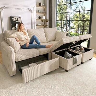 Merax Canapé d'angle multifonctionnel, canapé d'angle 3 places convertible avec 2 positions de rangement, tabouret avec 2 tiroirs, modulable, tissu côtelé, pour petits appartements, beige - Publicité Merax Canapé d'angle multifonctionnel, canapé d'angle 3 places convertible avec 2 positions de rangement, tabouret avec 2 tiroirs, modulable, tissu côtelé, pour petits appartements, beige - Publicité