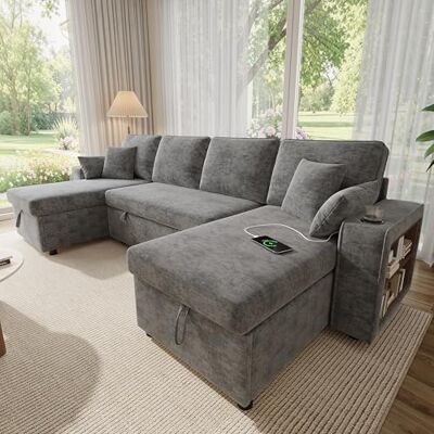 Merax Canapé d'angle avec fonction couchage et coffre de lit Canapé lit extensible en forme de U Canapé-lit pratique avec espace de rangement, accoudoirs, port de charge USB et porte-gobelet, gris - Publicité Merax Canapé d'angle avec fonction couchage et coffre de lit Canapé lit extensible en forme de U Canapé-lit pratique avec espace de rangement, accoudoirs, port de charge USB et porte-gobelet, gris - Publicité