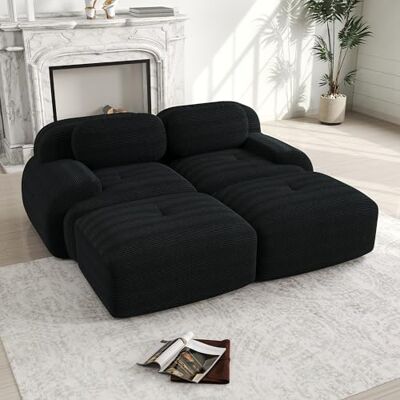 VILUXE Canapé 2 places avec 2 tabourets en velours noir Canapé modulaire avec tabouret, tissu velours côtelé mousse 32D, salon, chambre à coucher, home cinéma, familles et invités - Publicité VILUXE Canapé 2 places avec 2 tabourets en velours noir Canapé modulaire avec tabouret, tissu velours côtelé mousse 32D, salon, chambre à coucher, home cinéma, familles et invités - Publicité