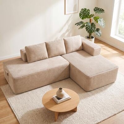 COMHOMA Canapé d'angle modulable, 228 cm en Velours côtelé, canapé Boneless sans Armature avec chaiselongue et Support de Dossier, Design en L Ouvert, Coussins et Poches latérales, pour Salon, Beige - Publicité COMHOMA Canapé d'angle modulable, 228 cm en Velours côtelé, canapé Boneless sans Armature avec chaiselongue et Support de Dossier, Design en L Ouvert, Coussins et Poches latérales, pour Salon, Beige - Publicité
