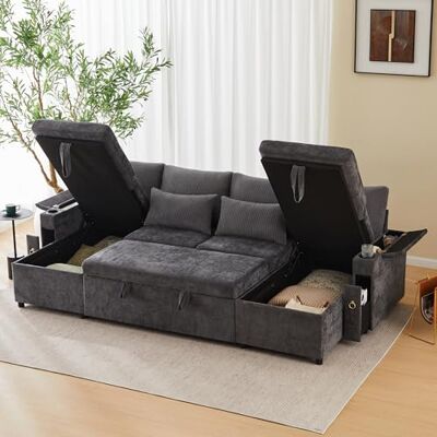 Merax Canapé-lit d'angle extensible en forme de U avec coffre de lit, double méridienne avec espace de rangement caché, canapé-lit pratique avec porte-gobelet, compartiment pour accoudoirs, grand - Publicité Merax Canapé-lit d'angle extensible en forme de U avec coffre de lit, double méridienne avec espace de rangement caché, canapé-lit pratique avec porte-gobelet, compartiment pour accoudoirs, grand - Publicité
