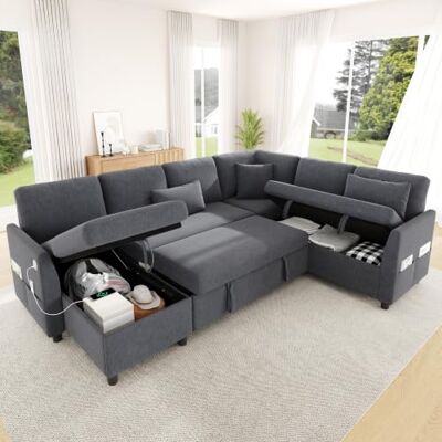 Merax Canapé d'angle 6 places avec fonction couchage et coffre de lit, canapé-lit extensible en forme de L/U, canapé-lit avec double espace de rangement, USB/Type-C, poche latérale et 3 coussins - Publicité Merax Canapé d'angle 6 places avec fonction couchage et coffre de lit, canapé-lit extensible en forme de L/U, canapé-lit avec double espace de rangement, USB/Type-C, poche latérale et 3 coussins - Publicité