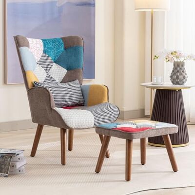 Merax Fauteuil avec tabouret, fauteuil à oreilles confortable avec dossier et coussin, fauteuil TV pour salon, chambre à coucher, multicolore - Publicité Merax Fauteuil avec tabouret, fauteuil à oreilles confortable avec dossier et coussin, fauteuil TV pour salon, chambre à coucher, multicolore - Publicité