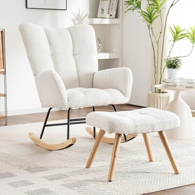 Merax Fauteuil à bascule avec tabouret, fauteuil de relaxation, fauteuil à bascule, avec dossier haut et accoudoirs, fauteuil de salon, rembourré, pour chambre à coucher, balcon, structure en métal, - Publicité Merax Fauteuil à bascule avec tabouret, fauteuil de relaxation, fauteuil à bascule, avec dossier haut et accoudoirs, fauteuil de salon, rembourré, pour chambre à coucher, balcon, structure en métal, - Publicité