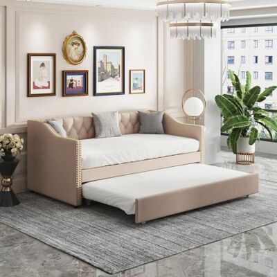 HYNHXBP Canapé Lit Convertible 90/200 x 200 cm, Canapé Lit 2 Places Multifonctionnel en Velours Beige avec Tiroir Extensible (Trundle), Design Élégant, pour Salon ou Chambre - Publicité HYNHXBP Canapé Lit Convertible 90/200 x 200 cm, Canapé Lit 2 Places Multifonctionnel en Velours Beige avec Tiroir Extensible (Trundle), Design Élégant, pour Salon ou Chambre - Publicité