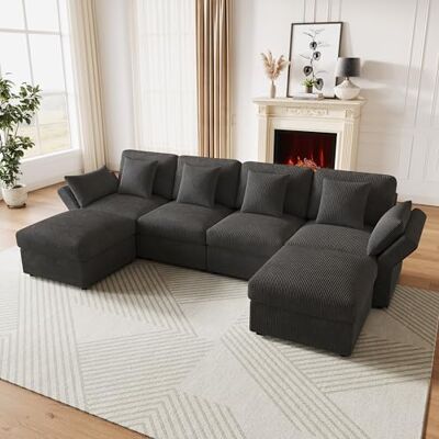 Merax Canapé d'angle modulaire en forme de U avec repose-pieds multifonction en forme de L / U Accoudoirs réglables Tissu côtelé 4 places Pour salon, chambre à coucher Gris - Publicité Merax Canapé d'angle modulaire en forme de U avec repose-pieds multifonction en forme de L / U Accoudoirs réglables Tissu côtelé 4 places Pour salon, chambre à coucher Gris - Publicité
