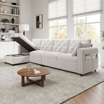 Merax Canapé d'angle avec espace de rangement et fonction couchage Canapé 4 places avec poches d'accoudoirs et 2 coussins Grand canapé en forme de L Design réversible moderne Tissu velours - Publicité Merax Canapé d'angle avec espace de rangement et fonction couchage Canapé 4 places avec poches d'accoudoirs et 2 coussins Grand canapé en forme de L Design réversible moderne Tissu velours - Publicité