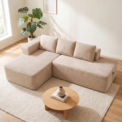 COMHOMA Canapé d'angle modulable, 228 cm en Velours côtelé, canapé Boneless sans Armature avec chaiselongue et Support de Dossier, Design en L Ouvert, Coussins et Poches latérales, pour Salon, Beige - Publicité COMHOMA Canapé d'angle modulable, 228 cm en Velours côtelé, canapé Boneless sans Armature avec chaiselongue et Support de Dossier, Design en L Ouvert, Coussins et Poches latérales, pour Salon, Beige - Publicité
