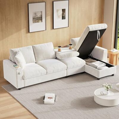 Merax Canapé d'angle multifonction 4 places, avec espace de rangement et fonction sommeil, table basse pliable, porte-gobelet, compartiments de rangement pour accoudoirs, USB + type C, tissu chenille - Publicité Merax Canapé d'angle multifonction 4 places, avec espace de rangement et fonction sommeil, table basse pliable, porte-gobelet, compartiments de rangement pour accoudoirs, USB + type C, tissu chenille - Publicité
